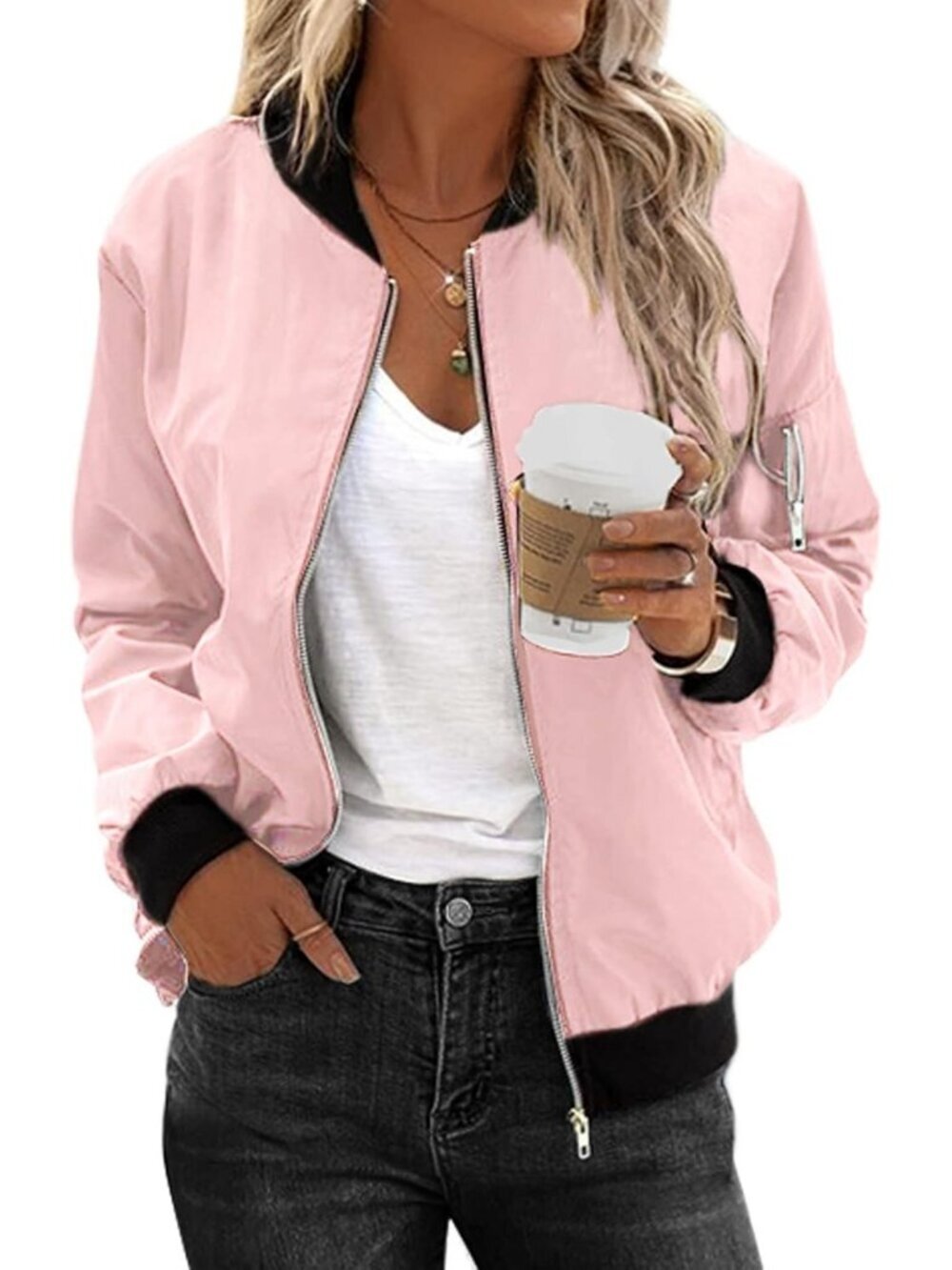 Women's Grey Zeagoo Bomber Clothes  Pockets Jacket ZIP Up Spring Casual Coats
